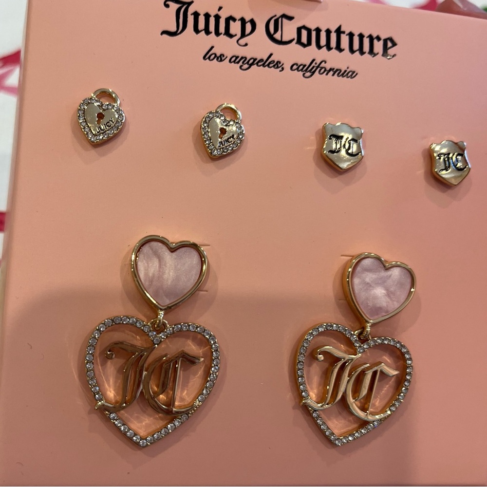 Juicy Couture Set of 3 Earrings (JC Hearts, Shields and Keyholes) New in Box - Picture 3 of 16